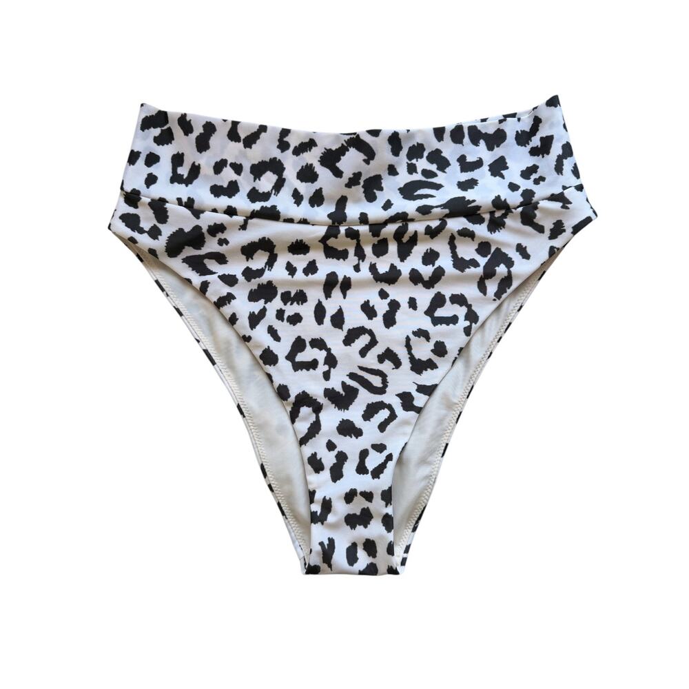 Aerie High Cut Cheeky Bikini Bottom M White Black Cheetah Leopard Print Foldover